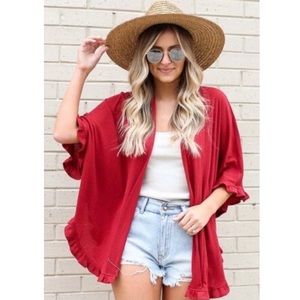 NWOT Hudson Gray Red Ruffle Open Cardigan